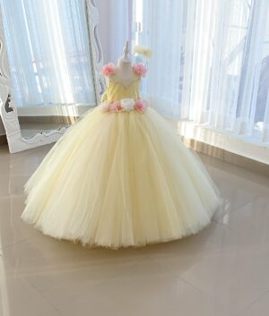 Luxury Pastel Yellow & Pink 3D Roses Dress